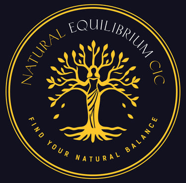 Gold circular logo with tree and human figure, text “Natural Equilibrium CIC – Find Your Natural Bal