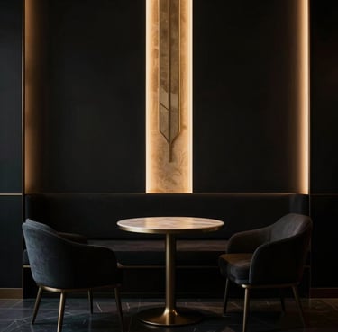 A quiet high-end consultation space, minimalist Art Deco lines, soft warm golden light leak on a dark wall, elegant interior, moody editorial photography