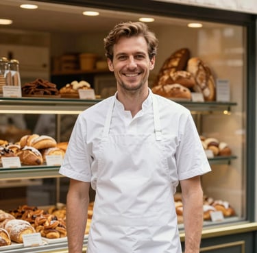 A portrait of a smiling French baker in a clean white apron, standing proudly inside a warm, golden-lit bakery storefront. The background shows blurred displays of pastries and breads. European French setting, soft natural lighting.