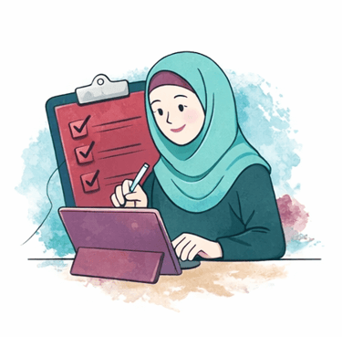 Illustration of a smiling Muslim woman in a hijab scheduling appointment for therapy