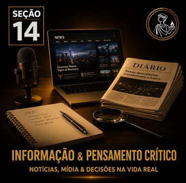 Capa da “Seção 14 - Informação e Pensamento Crítico”, com fundo preto e detalhes dourados.