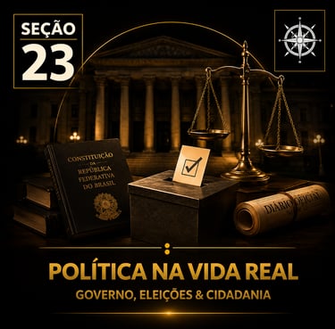Capa da “Seção 23 - Política na Vida Real”, com fundo preto e detalhes dourados.