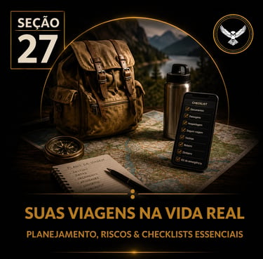 Capa da “Seção 27 - Suas Viagens na Vida Real”, com fundo preto e detalhes dourados.