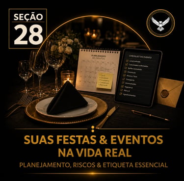 Capa da “Seção 28 - Suas Festas e Eventos”, com fundo preto e detalhes dourados.