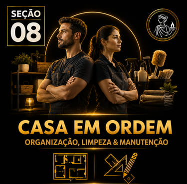 Capa da “Seção 08 – Casa em Ordem”, com fundo preto e detalhes dourados.