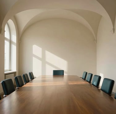 Wide environmental shot of a high-end diplomatic boardroom in Zurich, soft warm window light casting long shadows of classical arches on cream walls, extreme negative space.