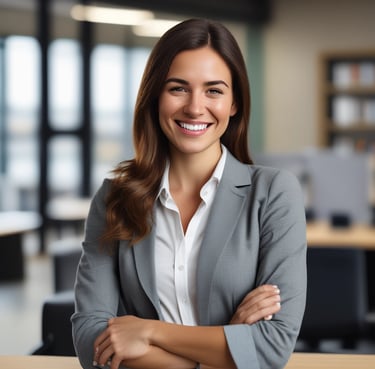 Portrait of a confident woman smiling warmly in a modern office setting.