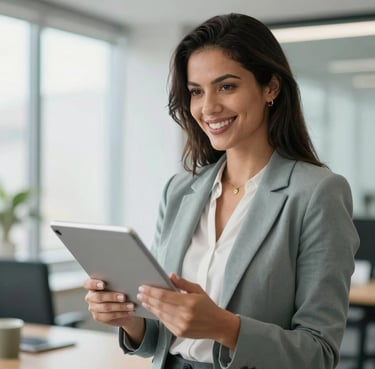 Portrait of a professional South American / Brazilian woman in a modern office setting, smiling confidently while using a digital tablet. She wears business attire in soft grayish teal tones, with bright, natural lighting.