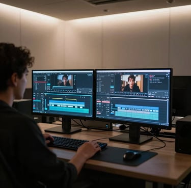 A professional film editing suite in North America. A person is silhouetted against glowing dual monitors displaying complex cinematic timelines. The room is dark with sophisticated off-white accents from soft ambient lighting.