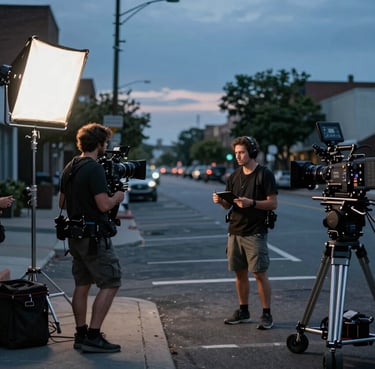 A cinematic wide shot of a professional film production crew on a North American city street at twilight. Large lighting rigs and high-end cinema cameras are visible, casting a moody blue and charcoal glow over the scene.