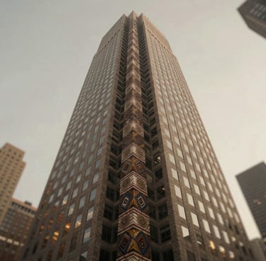 An artistic low-angle shot of a skyscraper in NYC merging into a traditional Nigerian pattern, blending both worlds in #8D765D and #3D2C20 tones.