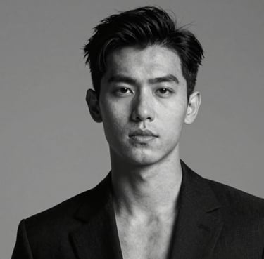 A black and white high-fashion portrait of P.E.P YLS with sharp lighting and deep shadows in #0A0A0A, emphasizing his confident expression.