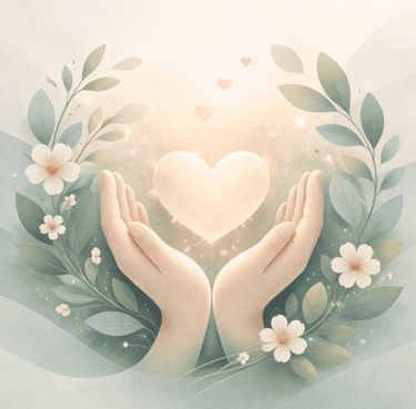 Hands cradling a glowing heart surrounded by floral branches and soft leaves in a pastel aesthetic.