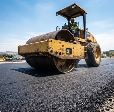 Low-angle heroic shot of a heavy yellow road roller compacting fresh hot-mix asphalt under bright South African daylight, rich charcoal textures.