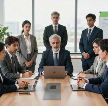 A professional medium shot of diverse business leaders and industrial entrepreneurs in a modern Ranchi boardroom, bright daylight, sharp focus, editorial 35mm style