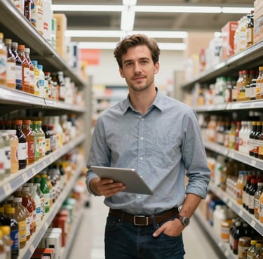 A professional supermarket manager in business casual attire standing in a modern store aisle, North American / US context, soft professional lighting.