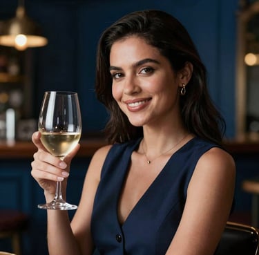 A South American woman in elegant attire, smiling softly while holding a wine glass in a sophisticated, dimly lit bar setting with dark blue accents.
