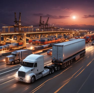 A confident semi-truck driver standing next to a loaded trailer at a busy port terminal.