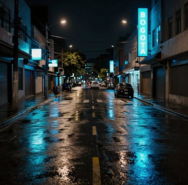 A wet street in Bogotá at night, reflecting neon cyan and electric blue signs. The composition is cinematic with dark charcoal shadows and a modern urban South American / Colombian aesthetic.