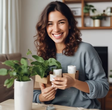 A smiling woman holding a small potted plant and a beauty product package in a cozy home setting.