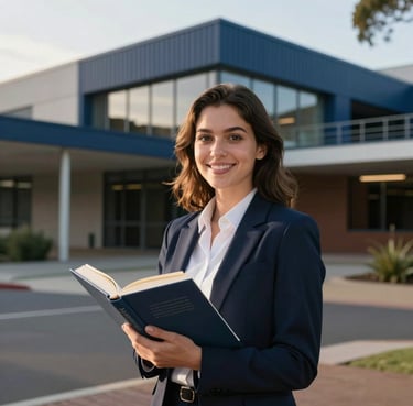 A professional portrait of a smiling female student holding a book in front of a modern campus building in Australia, lit by soft afternoon sun with deep navy blue accents.