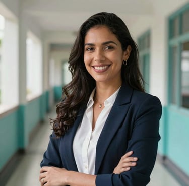 A portrait of a confident South American / Brazilian woman in professional attire, smiling warmly in a modern school corridor. Natural lighting, soft depth of field, teal and white background tones.