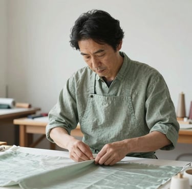 A portrait of a Japanese artisan in a soft sage green linen apron, working delicately with silk fabric in a bright, minimalist studio. The focus is on the calm expression and the craftsmanship.