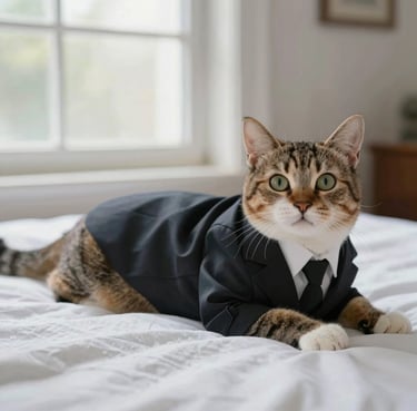 A dapper tabby cat wearing a formal black suit and tie lying on a white bed.