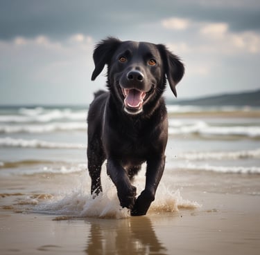 A cheerful black Labrador joyfully running through a sunlit park with a frisbee.