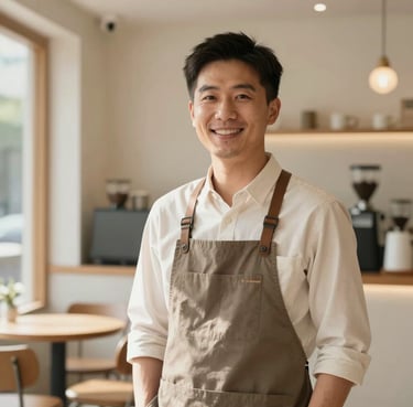A portrait of an East Asian / Chinese cafe owner in professional attire, smiling warmly while standing in a modern, sunlit coffee shop. The image has a clean, airy feel with soft taupe and cream tones.