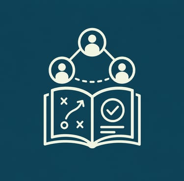 Business strategy playbook icon showing team collaboration and strategic planning symbols.