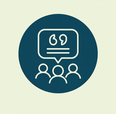 Minimalist customer testimonials icon showing a group of people and a quote speech bubble.