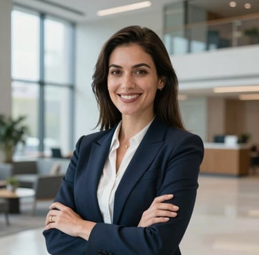 A professional headshot of a woman in business attire, smiling confidently in a modern North American office lobby with large windows and blue accents.