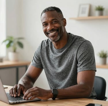 A smiling middle-aged Black man using a laptop in a bright home office setting.
