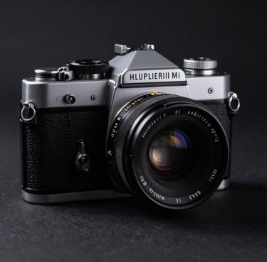 A close-up photograph of a vintage film camera resting on a clean midnight black surface, elegant and minimalist lighting, North American / European studio setting.