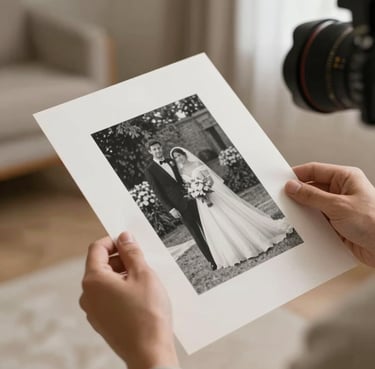 A professional photographer's hands holding a black-and-white print of a wedding, soft natural light, warm taupe and bright off-white accents, North American / European environment.