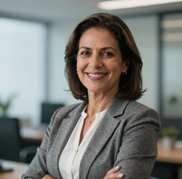 Portrait of a Brazilian woman in her 50s smiling confidently, dressed in professional business attire, against a soft-focus office background with blue tones.