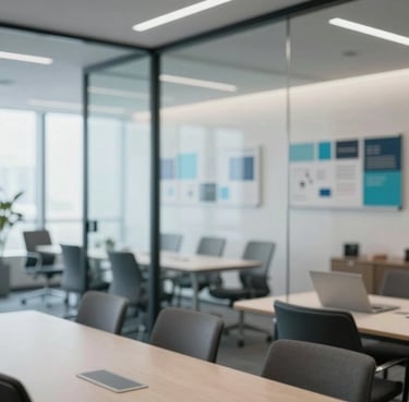Agency meeting room with a large glass wall, talent boards visible, sleek Scandinavian furniture, professional yet welcoming atmosphere, hints of #ECF3F4 and #1A5E63.