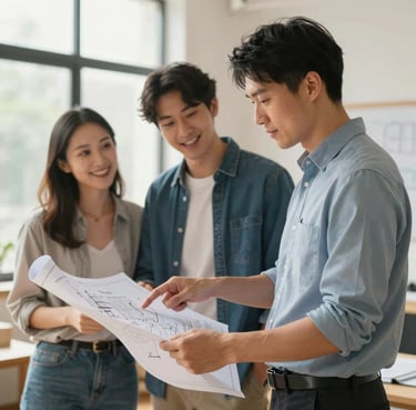 An architectural technician pointing at a blueprint while talking to a smiling couple in a bright, warm studio filled with natural light, cinematic style.