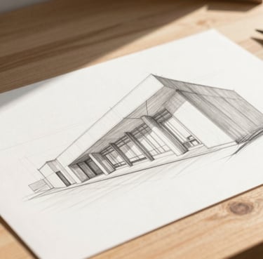 A sun-drenched architectural drawing on a wooden table, featuring soft shadows and clean pencil lines, incorporating hints of #F9F6EE and #8D6B5F.