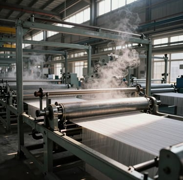 Wide-angle industrial interior of a textile mill, massive steel stenter frames with fabric moving rapidly through them, high-contrast dramatic light, steam rising, metallic surfaces.
