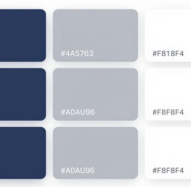 A collection of color swatches in #0F1E2E, #4A5763, #A0A696, and #F8F8F4 arranged neatly as a strategic brand palette.