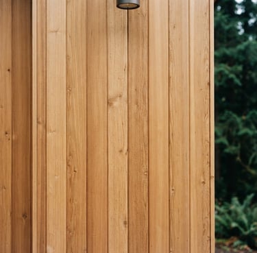 Close-up of clean cedar siding on a modern Pacific Northwest home, soft overcast daylight, natural wood textures.