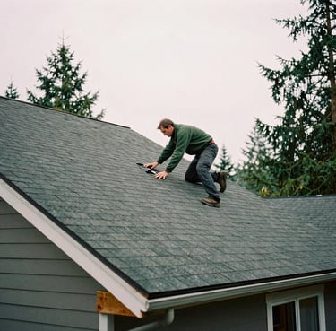 A local contractor in a dark green jacket inspecting a clean, newly installed shingle roofline on a Portland-area home, soft overcast sky, natural wood accents.