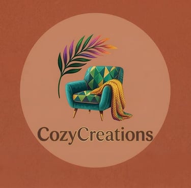 CozyCreations logo featuring a geometric teal armchair, yellow knit throw, and tropical leaf.