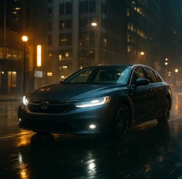 A still from a cinematic production showing a sleek, modern car driving through a North American / International city at night, rain-slicked roads reflecting neon gold and white lights.