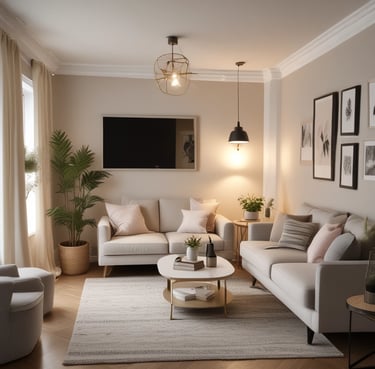 A happy customer typing a review on a laptop in a cozy home setting.