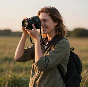 A candid portrait of a smiling traveler framed by golden hour light on a mountain trail.