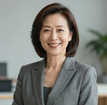 A professional portrait of a woman in her 50s, smiling warmly with professional gravitas. She is wearing a #1A1A1A blazer. The background is softly blurred with a hint of #A2B2AE.