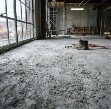 Fotografía real en plano medio de un piso de concreto rústico en obra gris con luz natural de ventana, mostrando la textura real del cemento